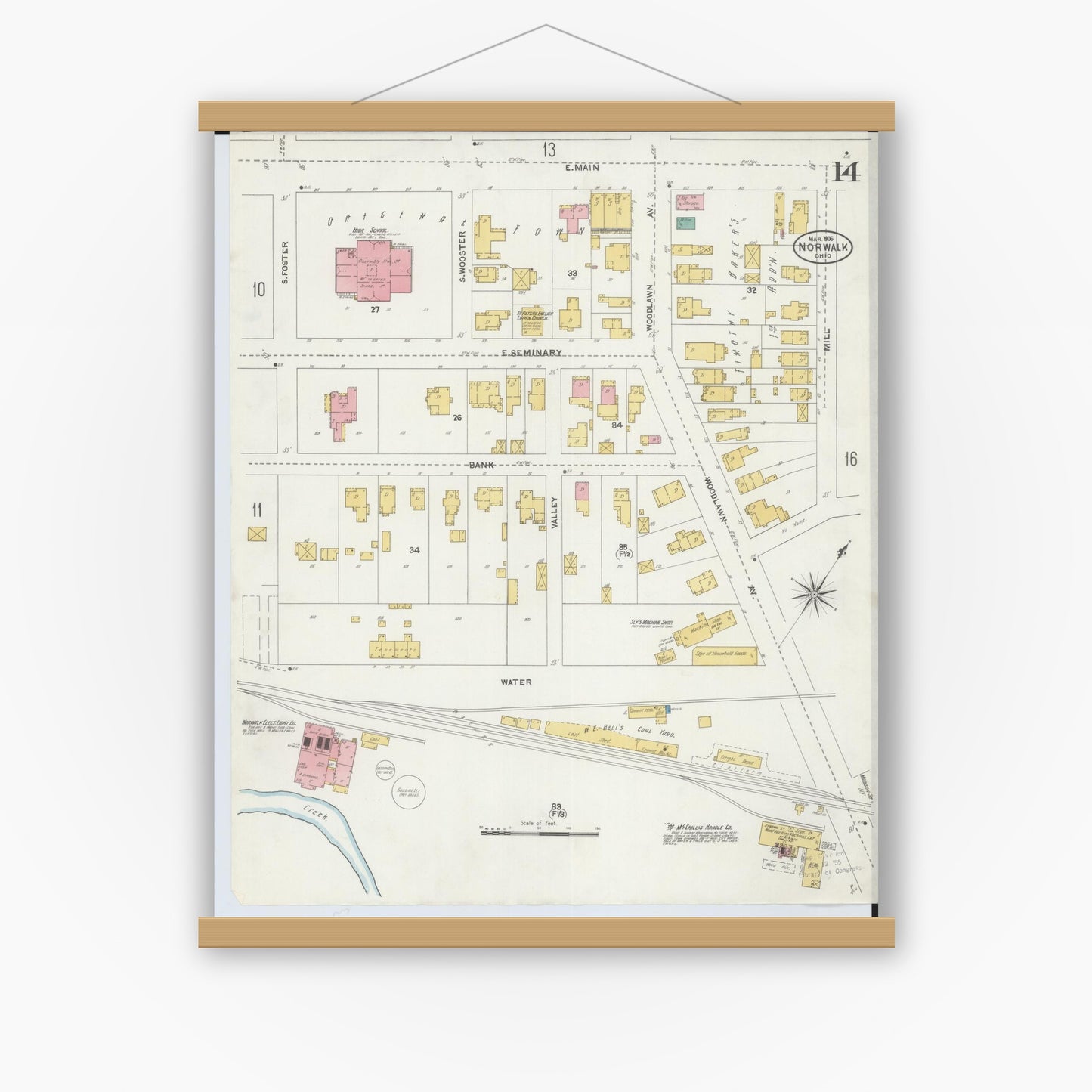 Old map wall art mockup — magnetic wood frame on white wall — Sanborn Fire Insurance Map from Norwalk, Huron County, Ohio (1906), Sheet #0014