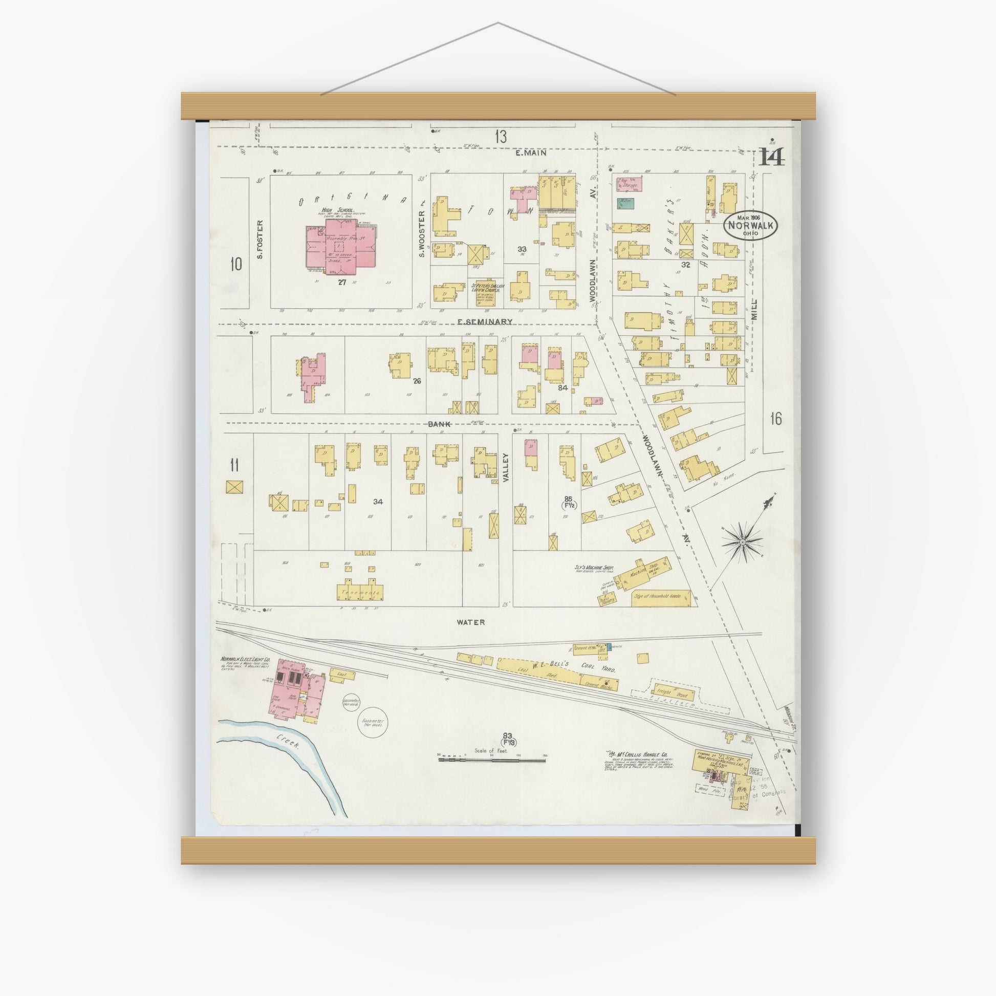 Old map wall art mockup — magnetic wood frame on white wall — Sanborn Fire Insurance Map from Norwalk, Huron County, Ohio (1906), Sheet #0014