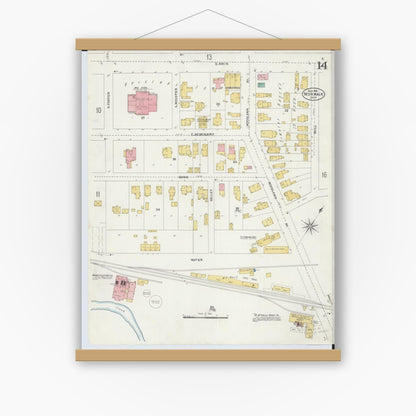 Old map wall art mockup — magnetic wood frame on white wall — Sanborn Fire Insurance Map from Norwalk, Huron County, Ohio (1906), Sheet #0014
