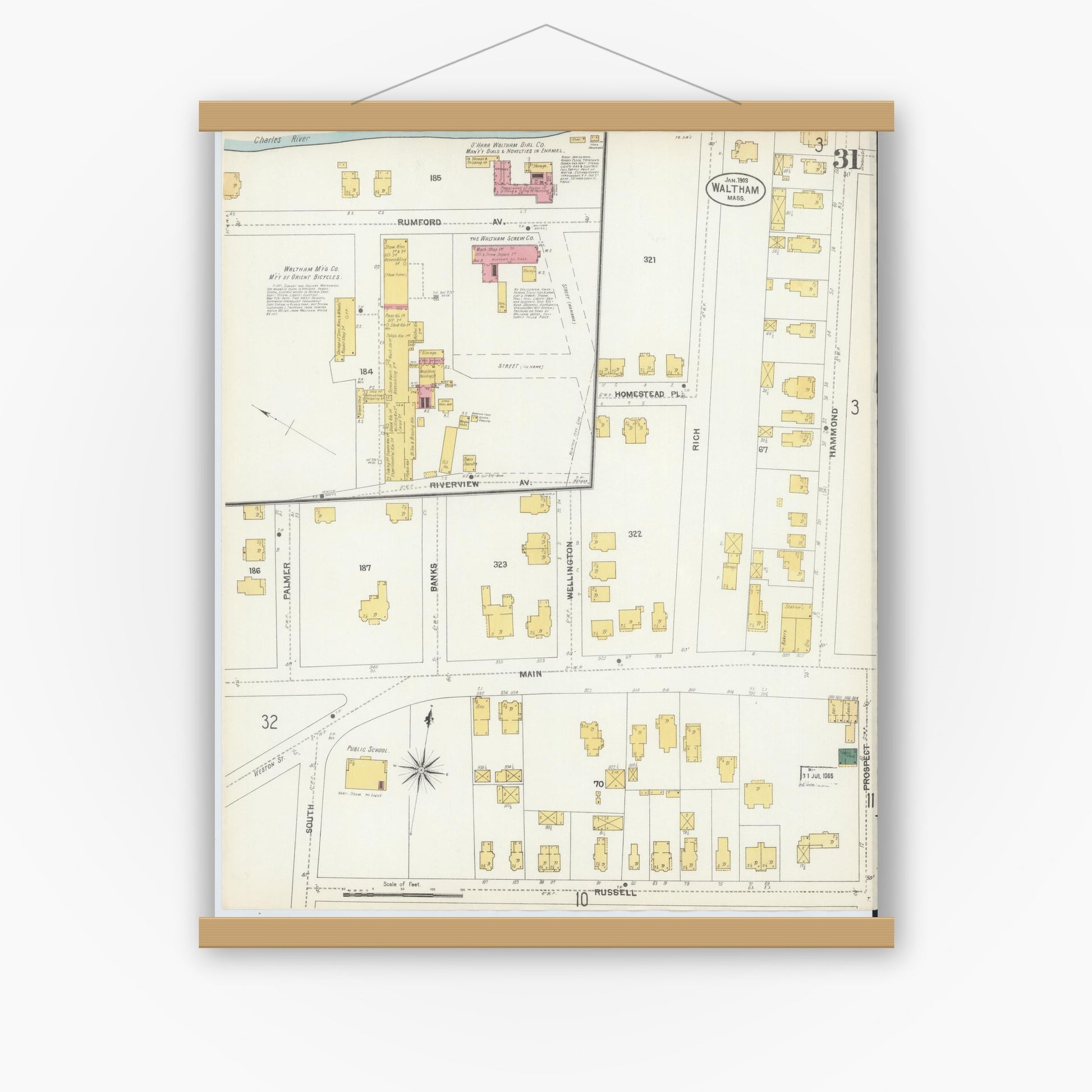 Old map wall art mockup — magnetic wood frame on white wall — Sanborn Fire Insurance Map from Waltham, Middlesex County, Massachusetts (1903), Sheet #0031