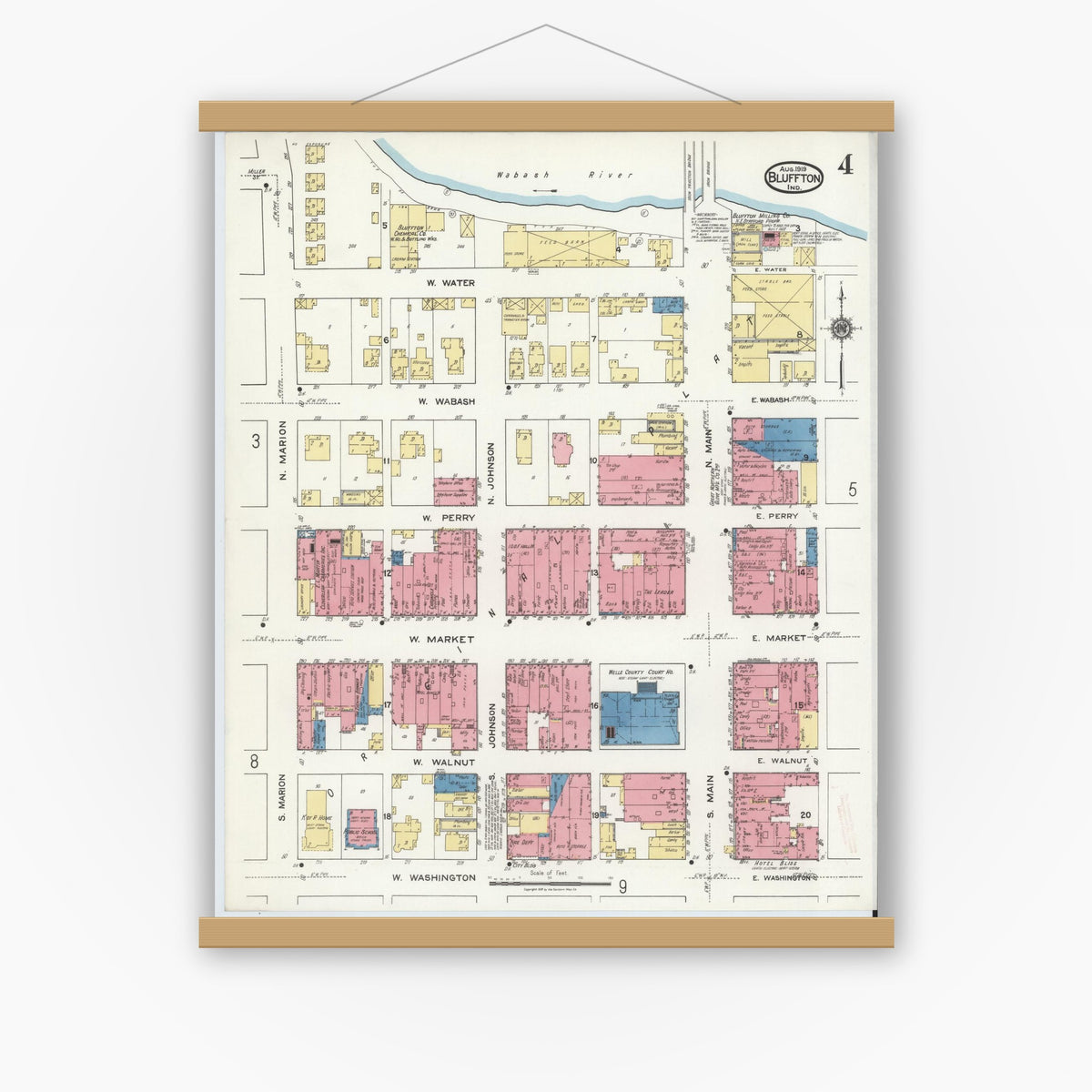 Old map wall art mockup — magnetic wood frame on white wall — Sanborn Fire Insurance Map from Bluffton, Wells County, Indiana (1919), Sheet #0004