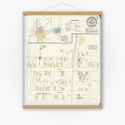 Old map wall art mockup — magnetic wood frame on white wall — Sanborn Fire Insurance Map from Prospect, Marion County, Ohio (1910) - Complete Map Set