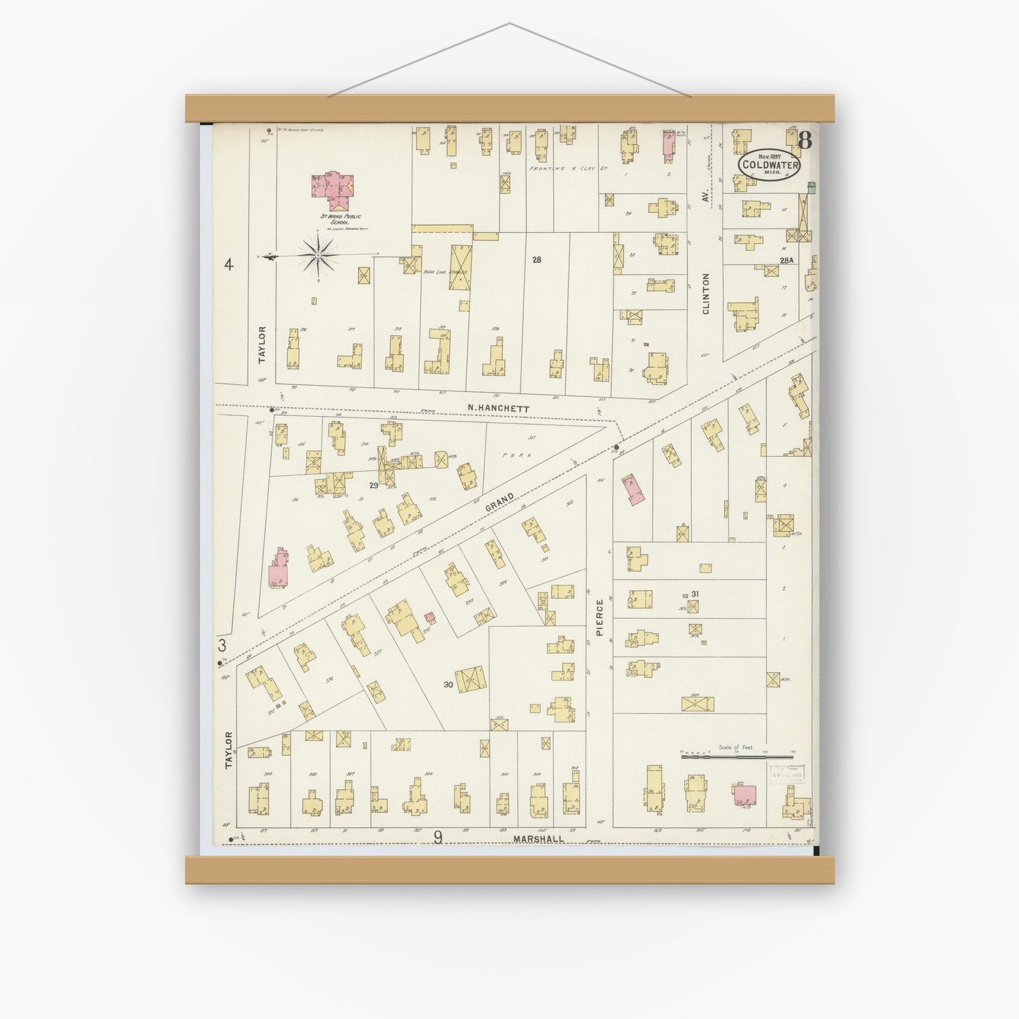 Old map wall art mockup — magnetic wood frame on white wall — Sanborn Fire Insurance Map from Coldwater, Branch County, Michigan (1897), Sheet #0008