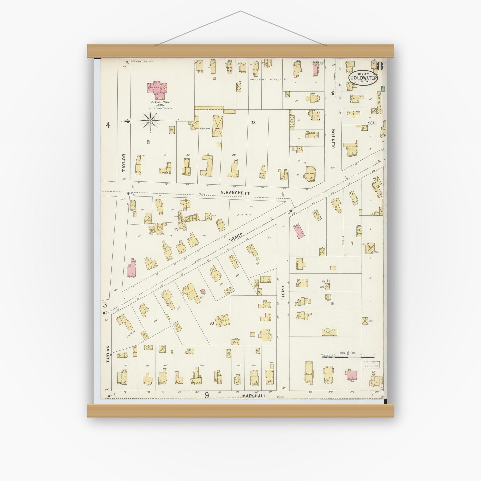 Old map wall art mockup — magnetic wood frame on white wall — Sanborn Fire Insurance Map from Coldwater, Branch County, Michigan (1897), Sheet #0008