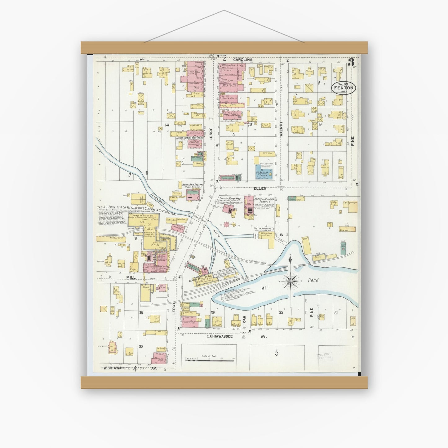 Old map wall art mockup — magnetic wood frame on white wall — Sanborn Fire Insurance Map from Fenton, Genesee County, Michigan (1901), Sheet #0003