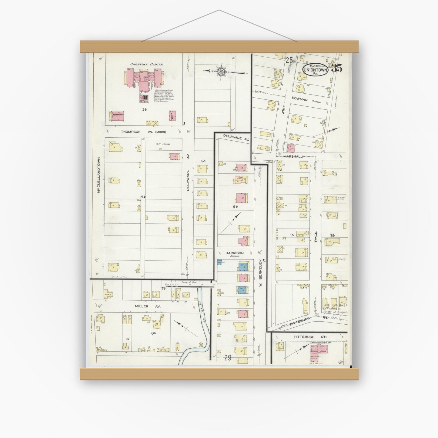 Old map wall art mockup — magnetic wood frame on white wall — Sanborn Fire Insurance Map from Uniontown, Fayette County, Pennsylvania (1914), Sheet #0035