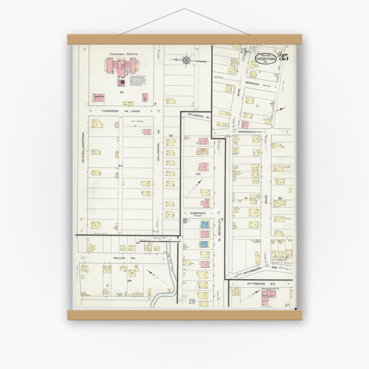 Old map wall art mockup — magnetic wood frame on white wall — Sanborn Fire Insurance Map from Uniontown, Fayette County, Pennsylvania (1914), Sheet #0035