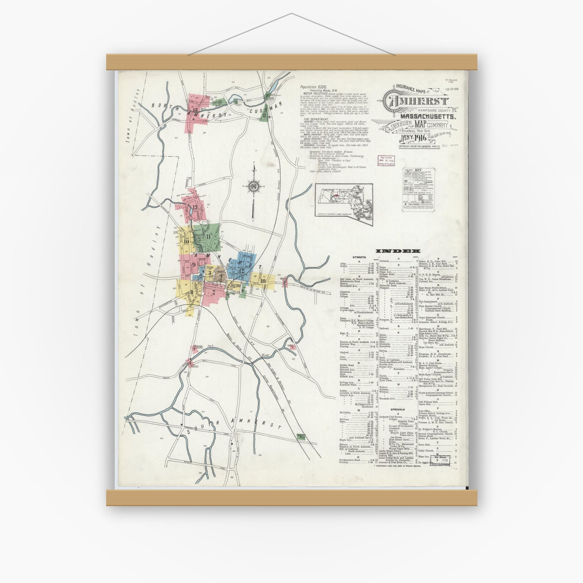 Old map wall art mockup — magnetic wood frame on white wall — Sanborn Fire Insurance Map from Amherst, Hampshire County, Massachusetts (1916), Sheet #0001