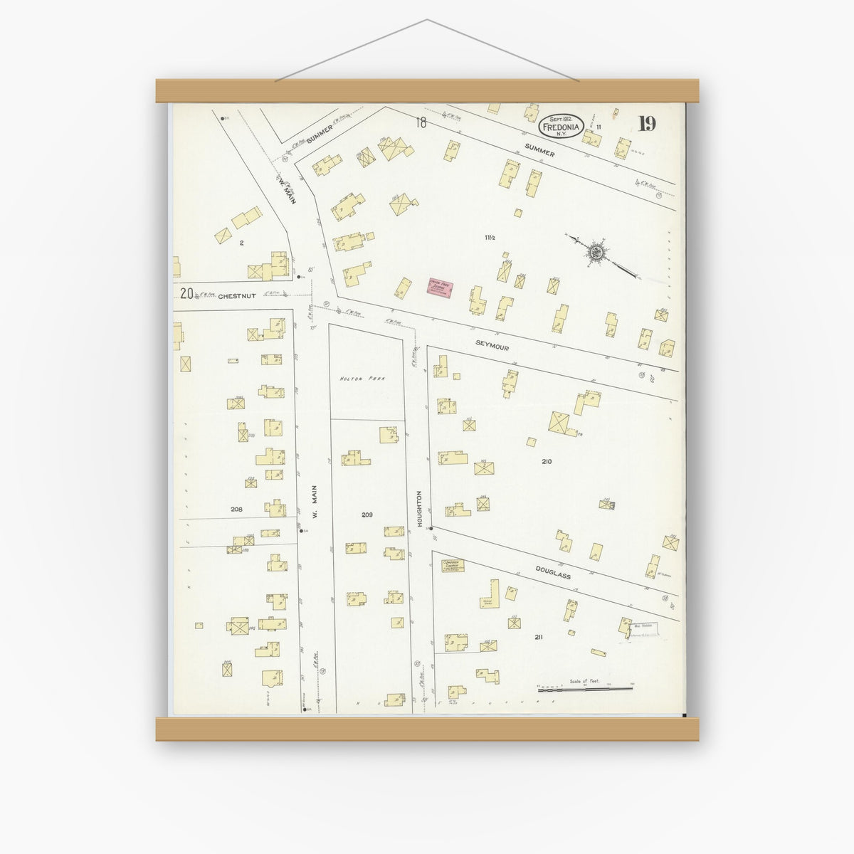 Old map wall art mockup — magnetic wood frame on white wall — Sanborn Fire Insurance Map from Fredonia, Chautauqua County, New York (1912), Sheet #0019