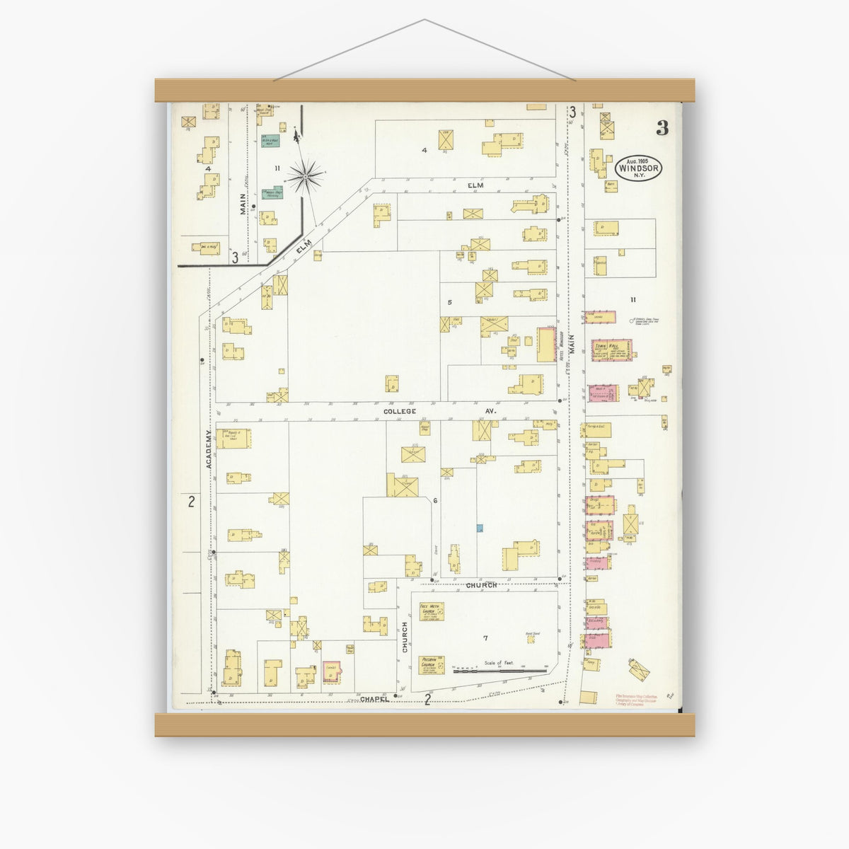 Old map wall art mockup — magnetic wood frame on white wall — Sanborn Fire Insurance Map from Windsor, Broome County, New York (1905), Sheet #0003