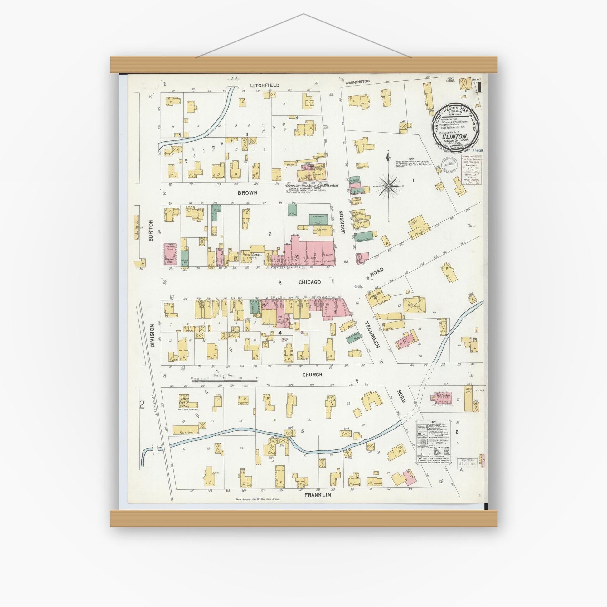 Old map wall art mockup — magnetic wood frame on white wall — Sanborn Fire Insurance Map from Clinton, Lenawee County, Michigan (1900), Sheet #0001
