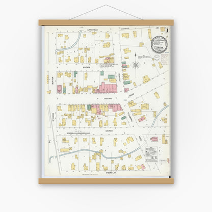 Old map wall art mockup — magnetic wood frame on white wall — Sanborn Fire Insurance Map from Clinton, Lenawee County, Michigan (1900), Sheet #0001