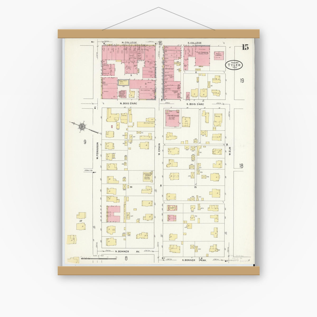 Old map wall art mockup — magnetic wood frame on white wall — Sanborn Fire Insurance Map from Tyler, Smith County, Texas (1912), Sheet #0015