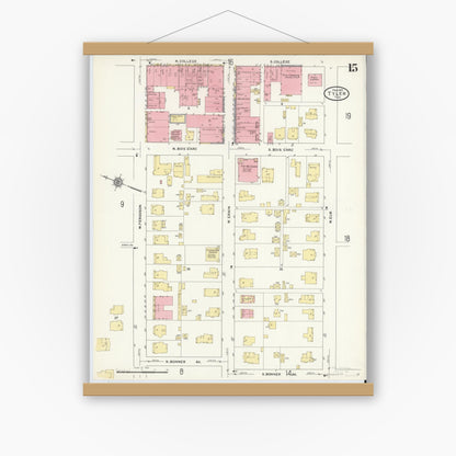 Old map wall art mockup — magnetic wood frame on white wall — Sanborn Fire Insurance Map from Tyler, Smith County, Texas (1912), Sheet #0015