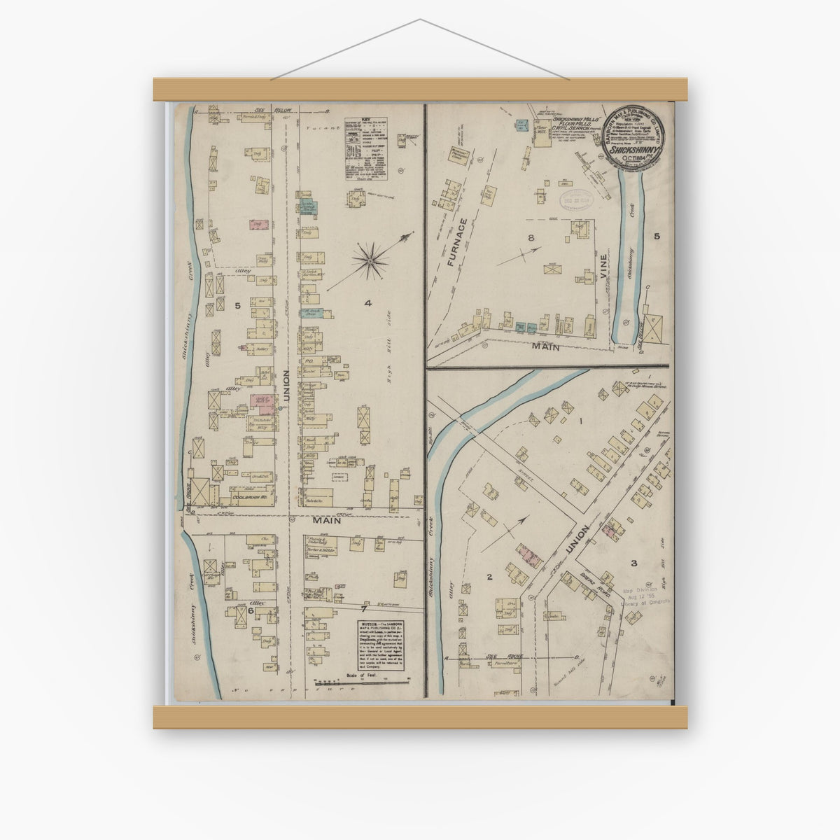 Old map wall art mockup — magnetic wood frame on white wall — Sanborn Fire Insurance Map from Shickshinny, Luzerne County, Pennsylvania (1884), Sheet #0001