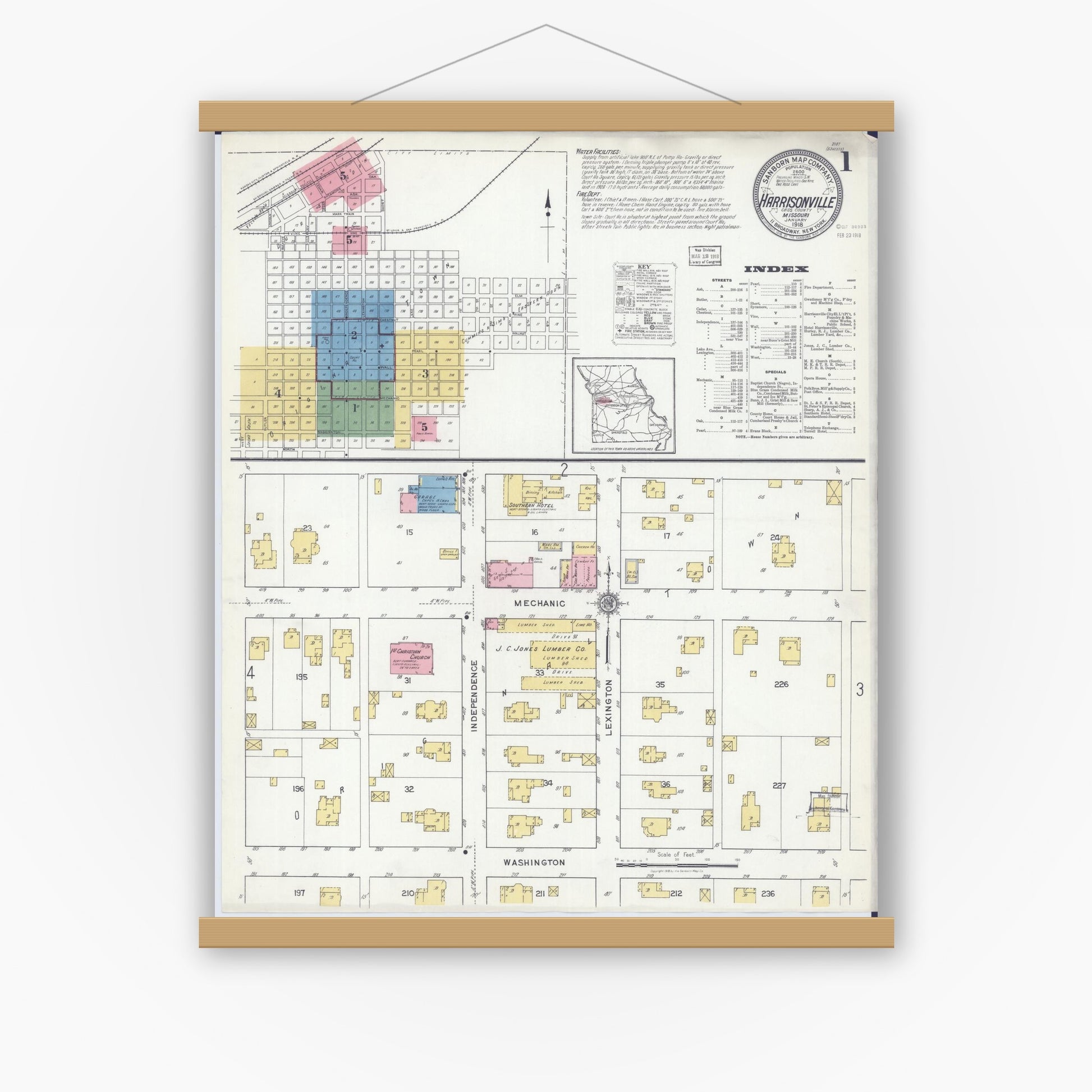 Old map wall art mockup — magnetic wood frame on white wall — Sanborn Fire Insurance Map from Harrisonville, Cass County, Missouri (1918), Sheet #0001