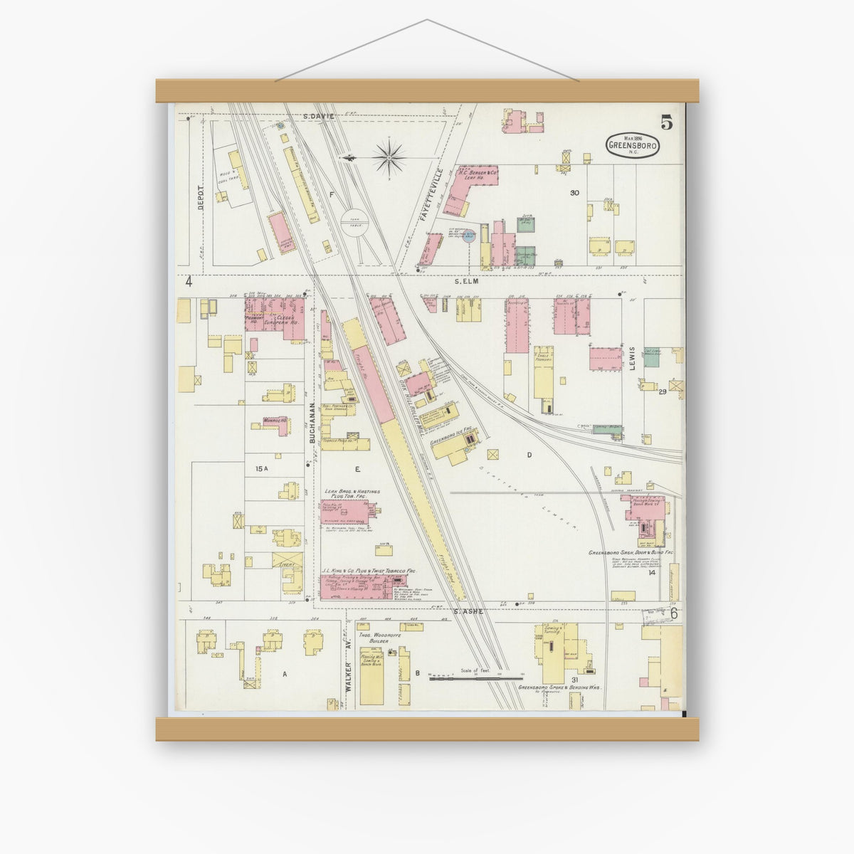 Old map wall art mockup — magnetic wood frame on white wall — Sanborn Fire Insurance Map from Greensboro, Guilford County, North Carolina (1896), Sheet #0005
