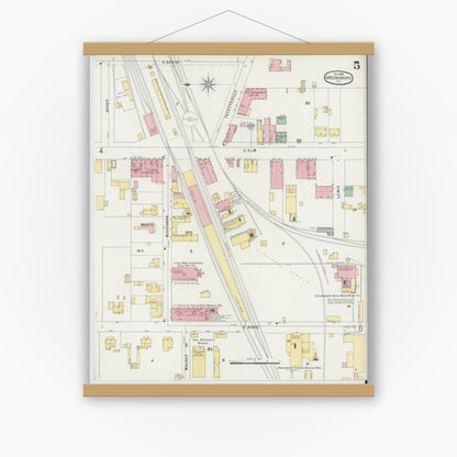 Old map wall art mockup — magnetic wood frame on white wall — Sanborn Fire Insurance Map from Greensboro, Guilford County, North Carolina (1896), Sheet #0005