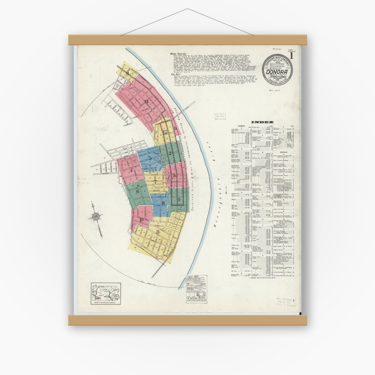 Old map wall art mockup — magnetic wood frame on white wall — Sanborn Fire Insurance Map from Donora, Washington County, Pennsylvania (1921), Sheet #0001