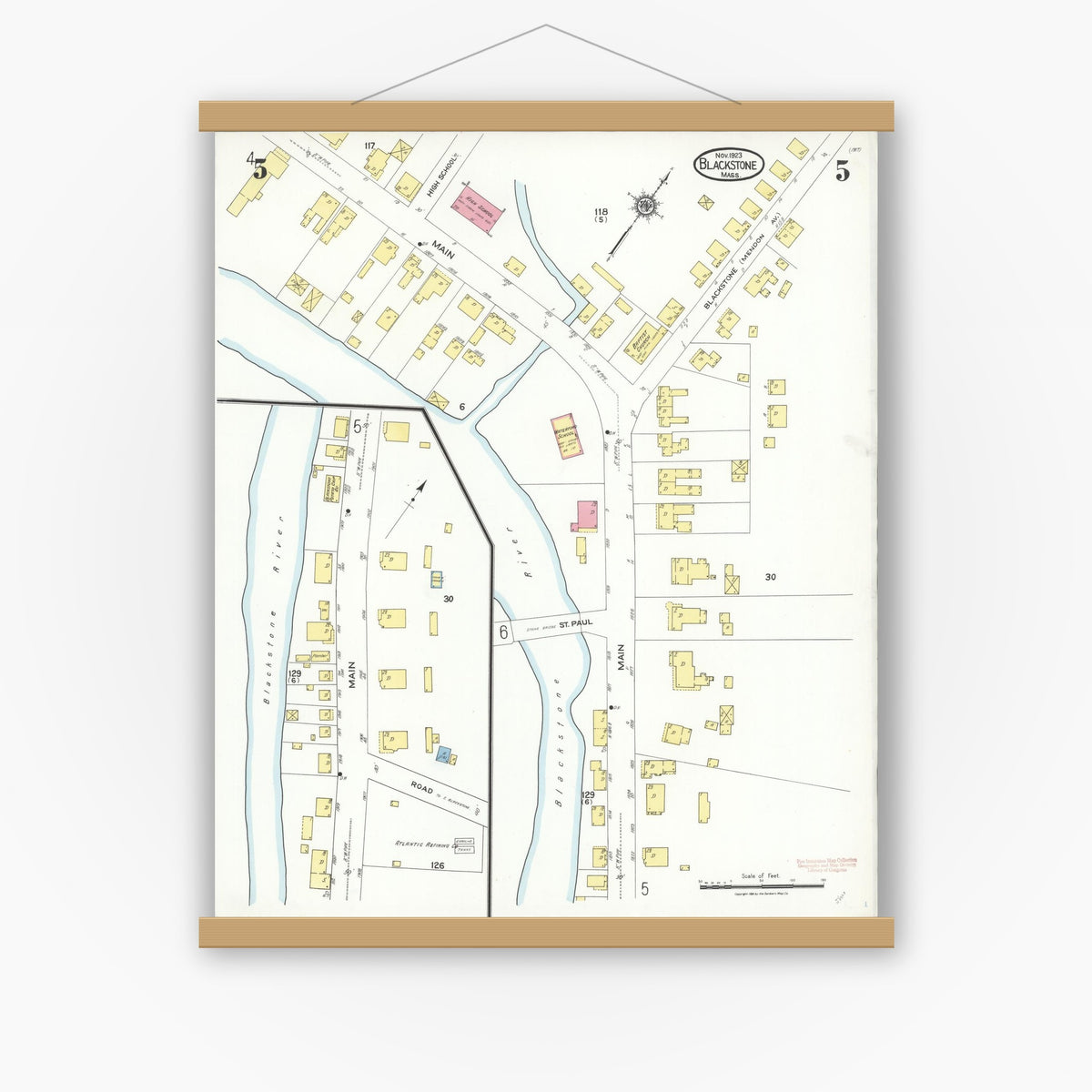 Old map wall art mockup — magnetic wood frame on white wall — Sanborn Fire Insurance Map from Blackstone, Worcester County, Massachusetts (1923), Sheet #0005