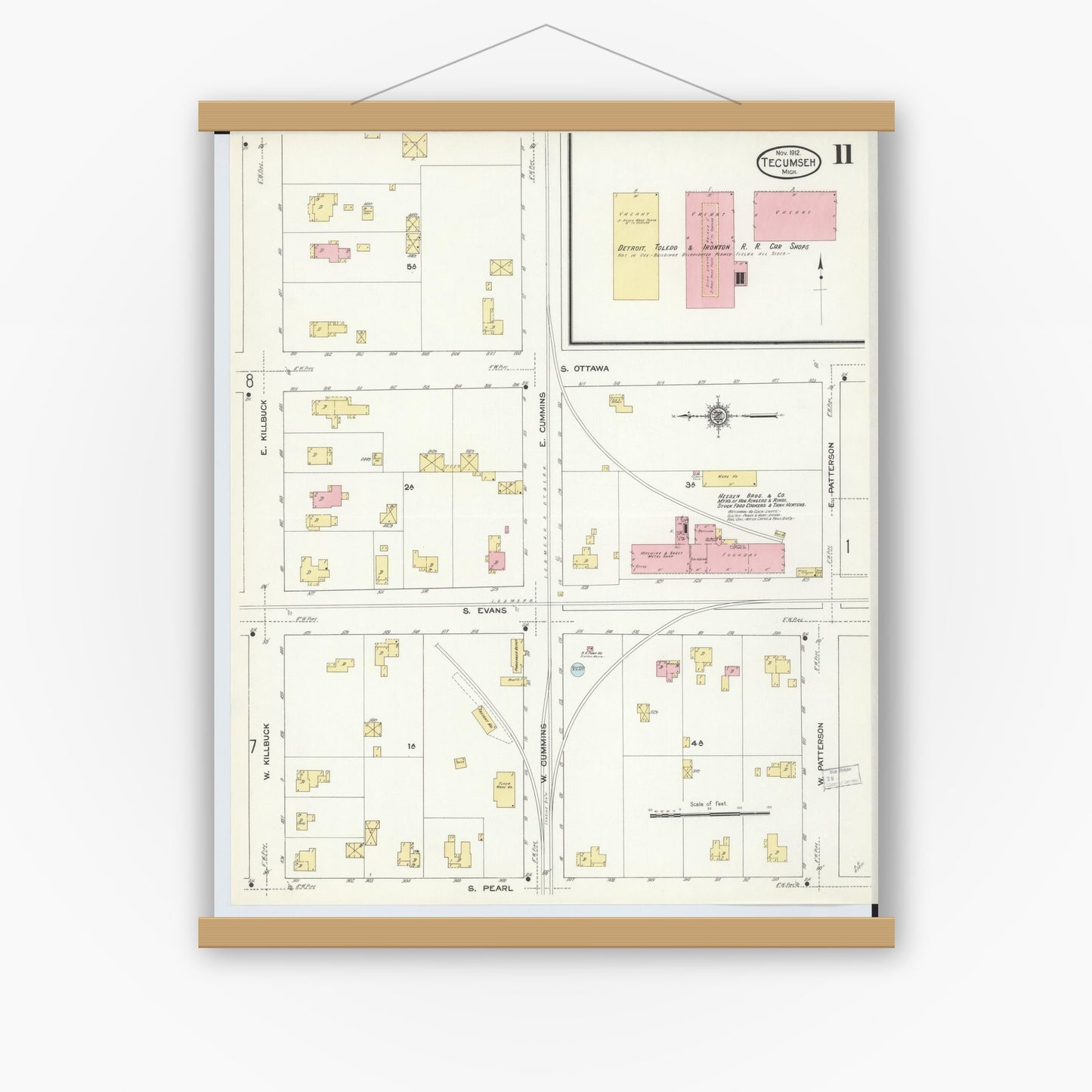Old map wall art mockup — magnetic wood frame on white wall — Sanborn Fire Insurance Map from Tecumseh, Lenawee County, Michigan (1912), Sheet #0011