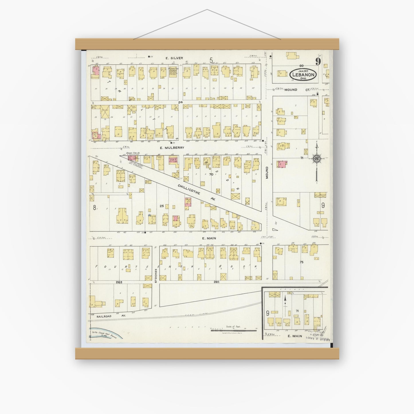 Old map wall art mockup — magnetic wood frame on white wall — Sanborn Fire Insurance Map from Lebanon, Warren County, Ohio (1917), Sheet #0009