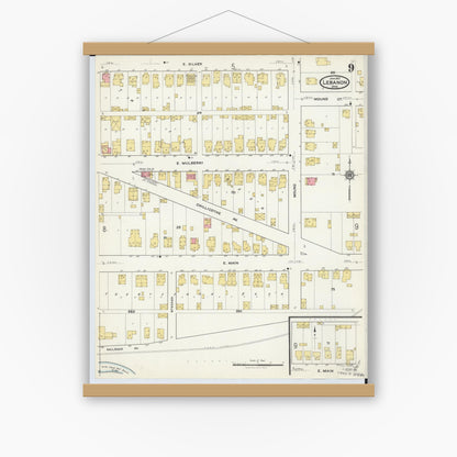 Old map wall art mockup — magnetic wood frame on white wall — Sanborn Fire Insurance Map from Lebanon, Warren County, Ohio (1917), Sheet #0009