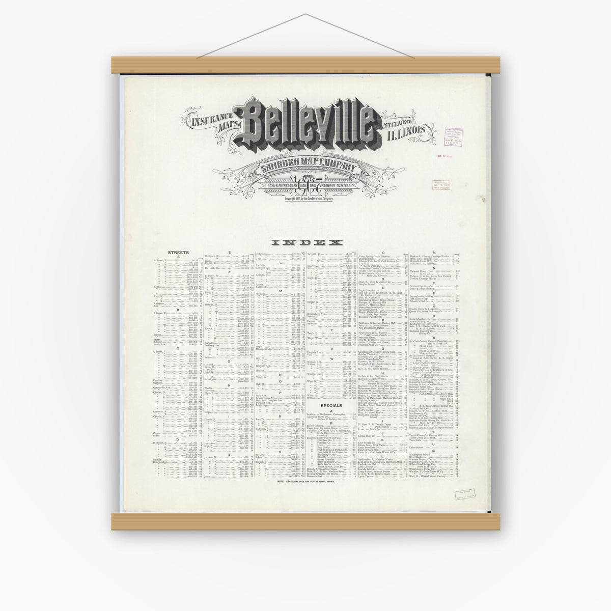 Old map wall art mockup — magnetic wood frame on white wall — Sanborn Fire Insurance Map from Belleville, Saint Clair County, Illinois (1907), Sheet #0001