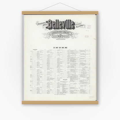 Old map wall art mockup — magnetic wood frame on white wall — Sanborn Fire Insurance Map from Belleville, Saint Clair County, Illinois (1907), Sheet #0001