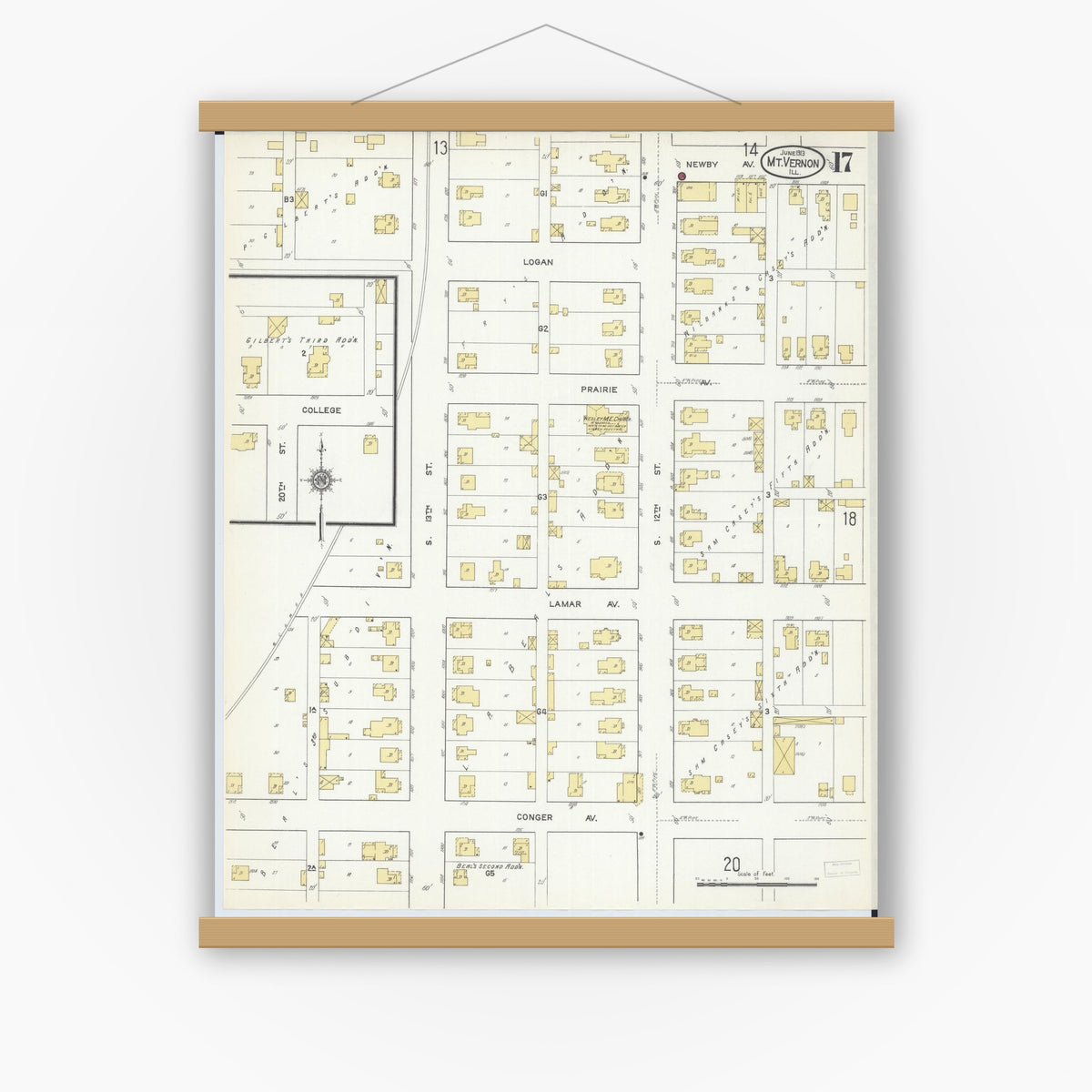 Old map wall art mockup — magnetic wood frame on white wall — Sanborn Fire Insurance Map from Mount Vernon, Jefferson County, Illinois (1913), Sheet #0017