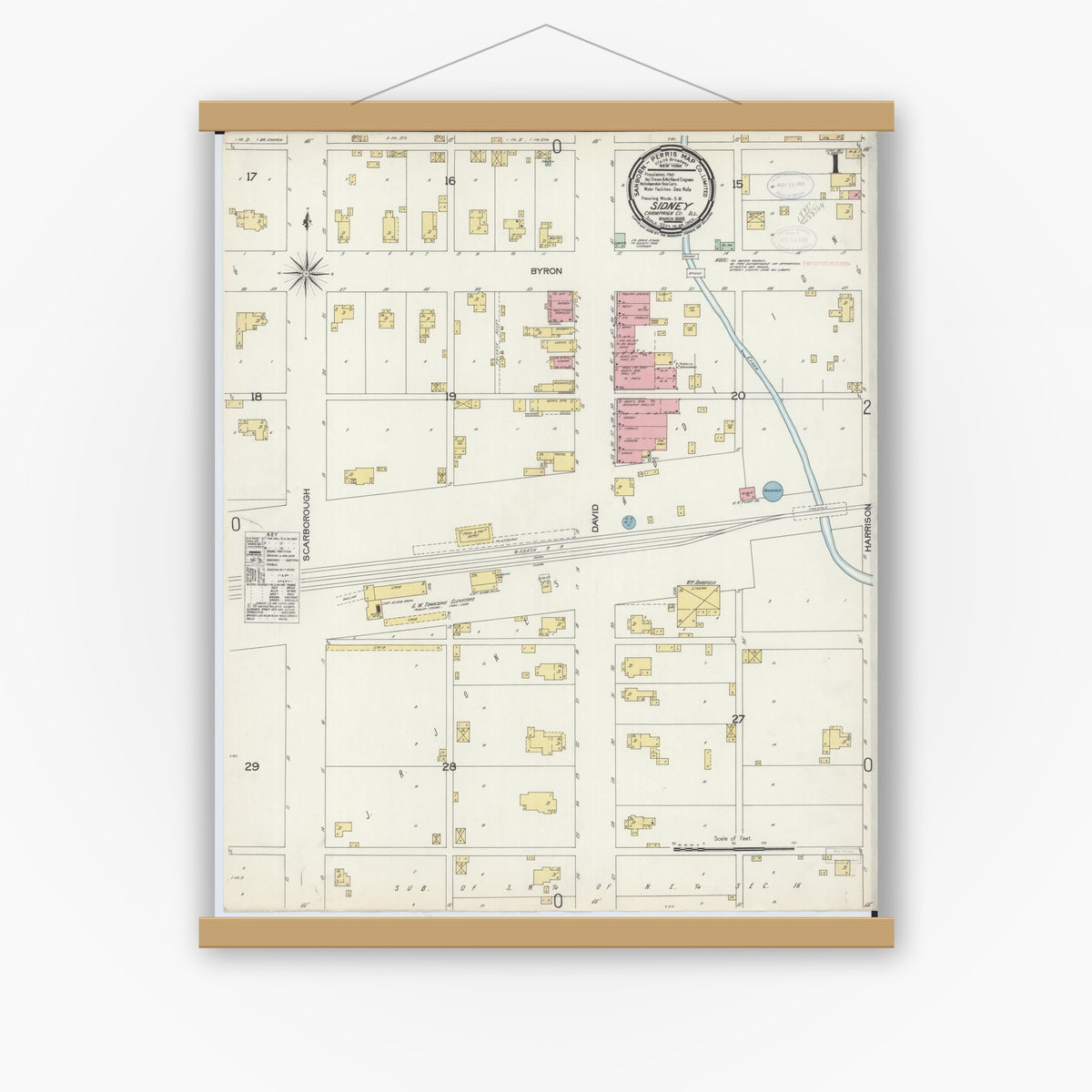 Old map wall art mockup — magnetic wood frame on white wall — Sanborn Fire Insurance Map from Sidney, Champaign County, Illinois (1898), Sheet #0001
