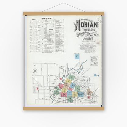Old map wall art mockup — magnetic wood frame on white wall — Sanborn Fire Insurance Map from Adrian, Lenawee County, Michigan (1899), Sheet #0001