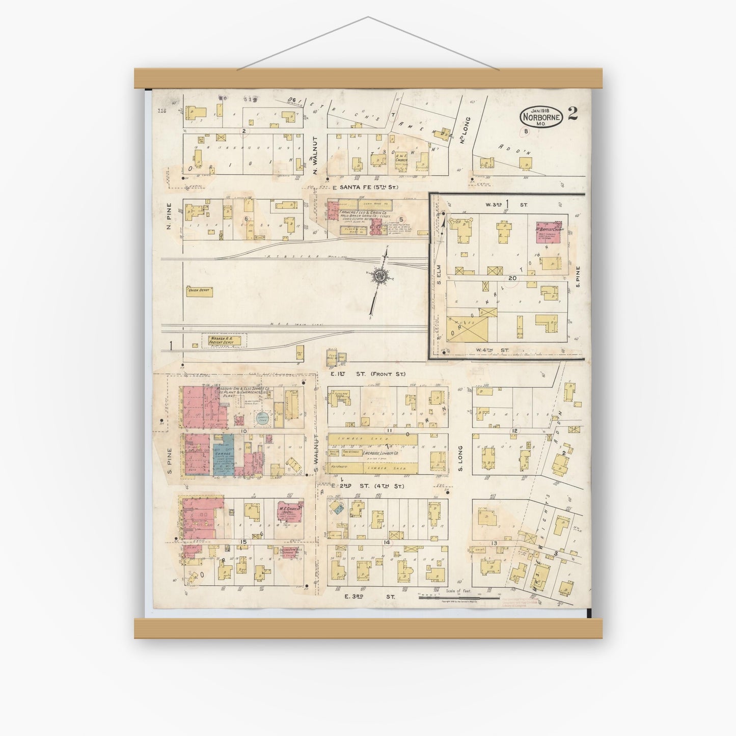 Old map wall art mockup — magnetic wood frame on white wall — Sanborn Fire Insurance Map from Norborne, Carroll County, Missouri (1933), Sheet #0002