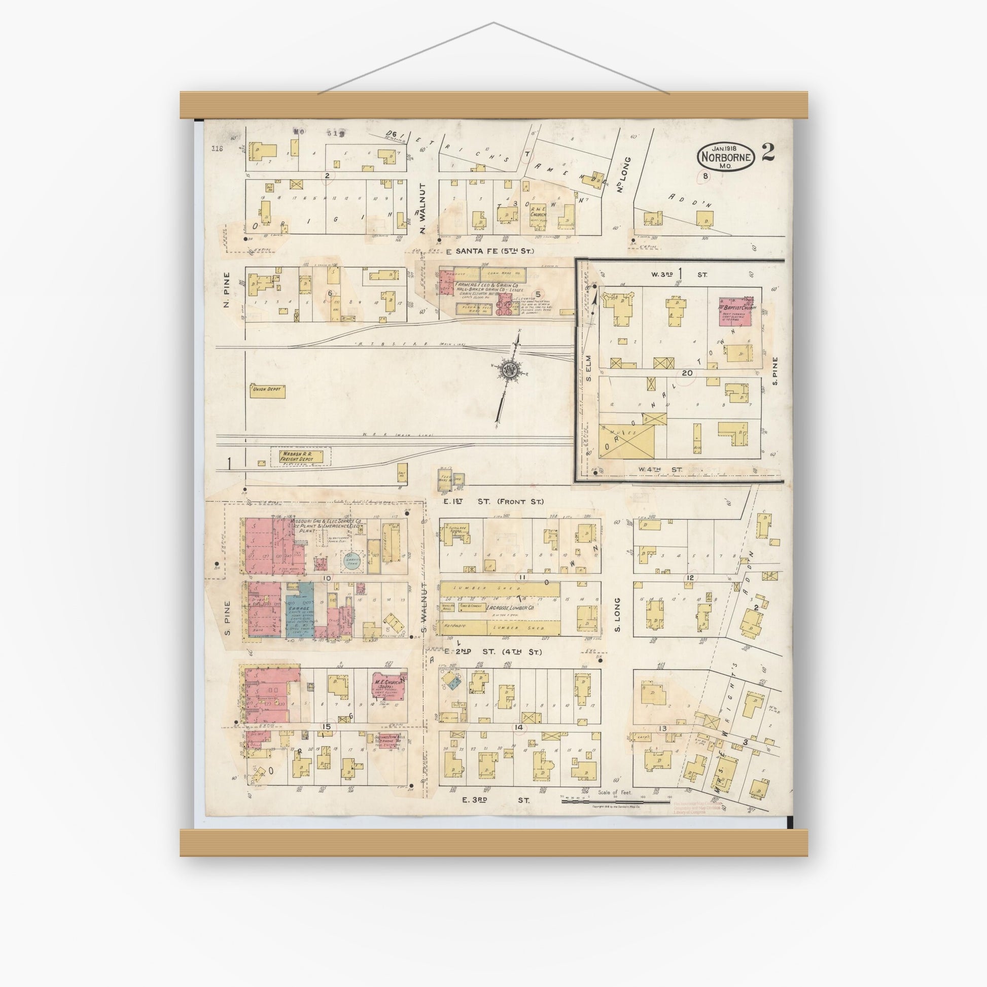 Old map wall art mockup — magnetic wood frame on white wall — Sanborn Fire Insurance Map from Norborne, Carroll County, Missouri (1933), Sheet #0002