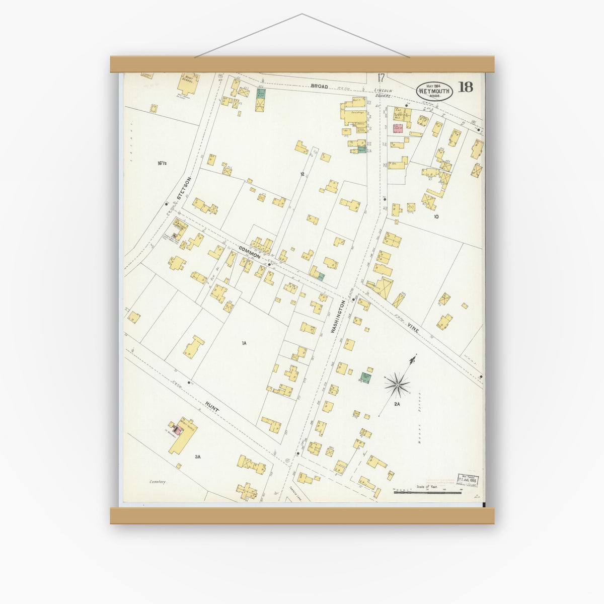 Old map wall art mockup — magnetic wood frame on white wall — Sanborn Fire Insurance Map from Weymouth, Norfolk County, Massachusetts (1904), Sheet #0018