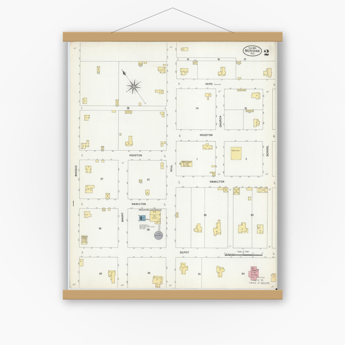 Old map wall art mockup — magnetic wood frame on white wall — Sanborn Fire Insurance Map from Meridian, Bosque County, Texas (1903), Sheet #0002