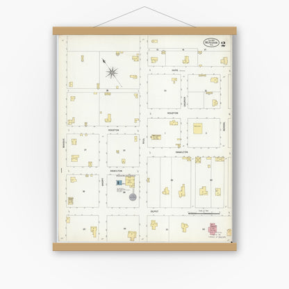 Old map wall art mockup — magnetic wood frame on white wall — Sanborn Fire Insurance Map from Meridian, Bosque County, Texas (1903), Sheet #0002