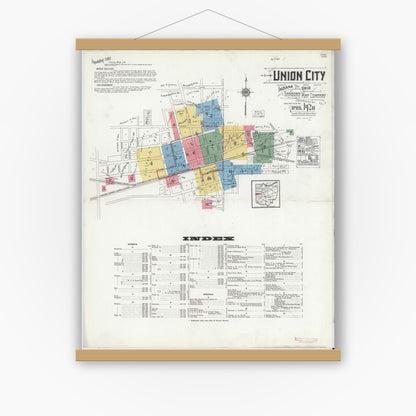 Old map wall art mockup — magnetic wood frame on white wall — Sanborn Fire Insurance Map from Union City, Randolph County, Indiana (1920) - Complete Map Set