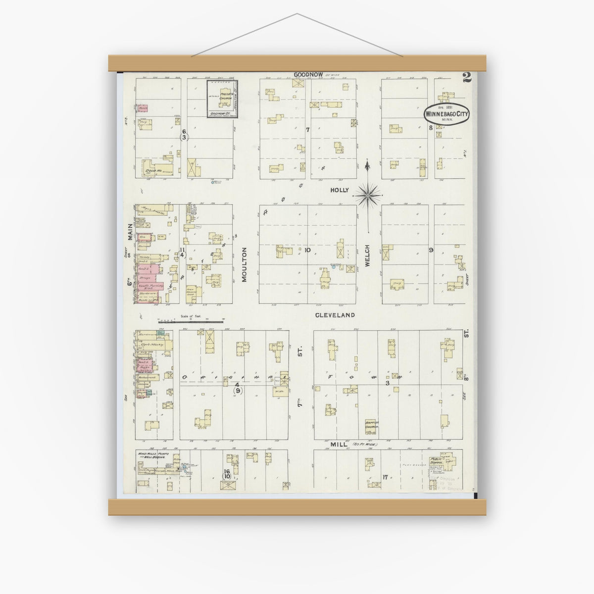 Old map wall art mockup — magnetic wood frame on white wall — Sanborn Fire Insurance Map from Winnebago, Faribault County, Minnesota (1891), Sheet #0002