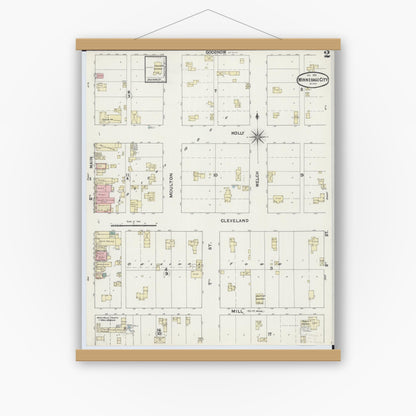 Old map wall art mockup — magnetic wood frame on white wall — Sanborn Fire Insurance Map from Winnebago, Faribault County, Minnesota (1891), Sheet #0002