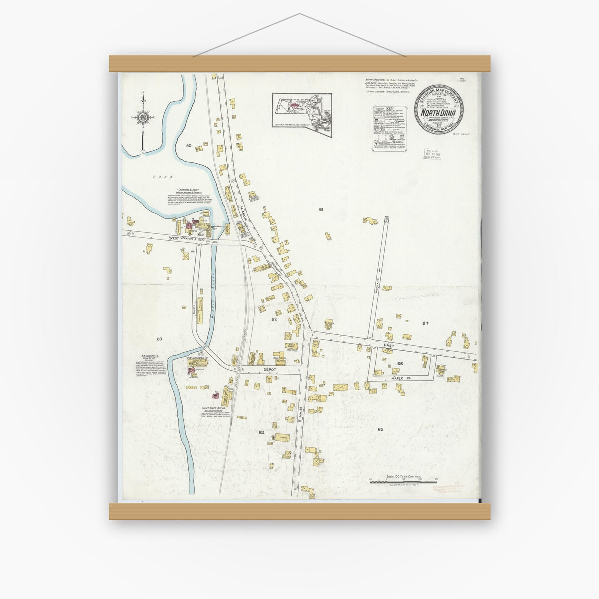 Old map wall art mockup — magnetic wood frame on white wall — Sanborn Fire Insurance Map from North Dana, Worcester County, Massachusetts (1917), Sheet #0001