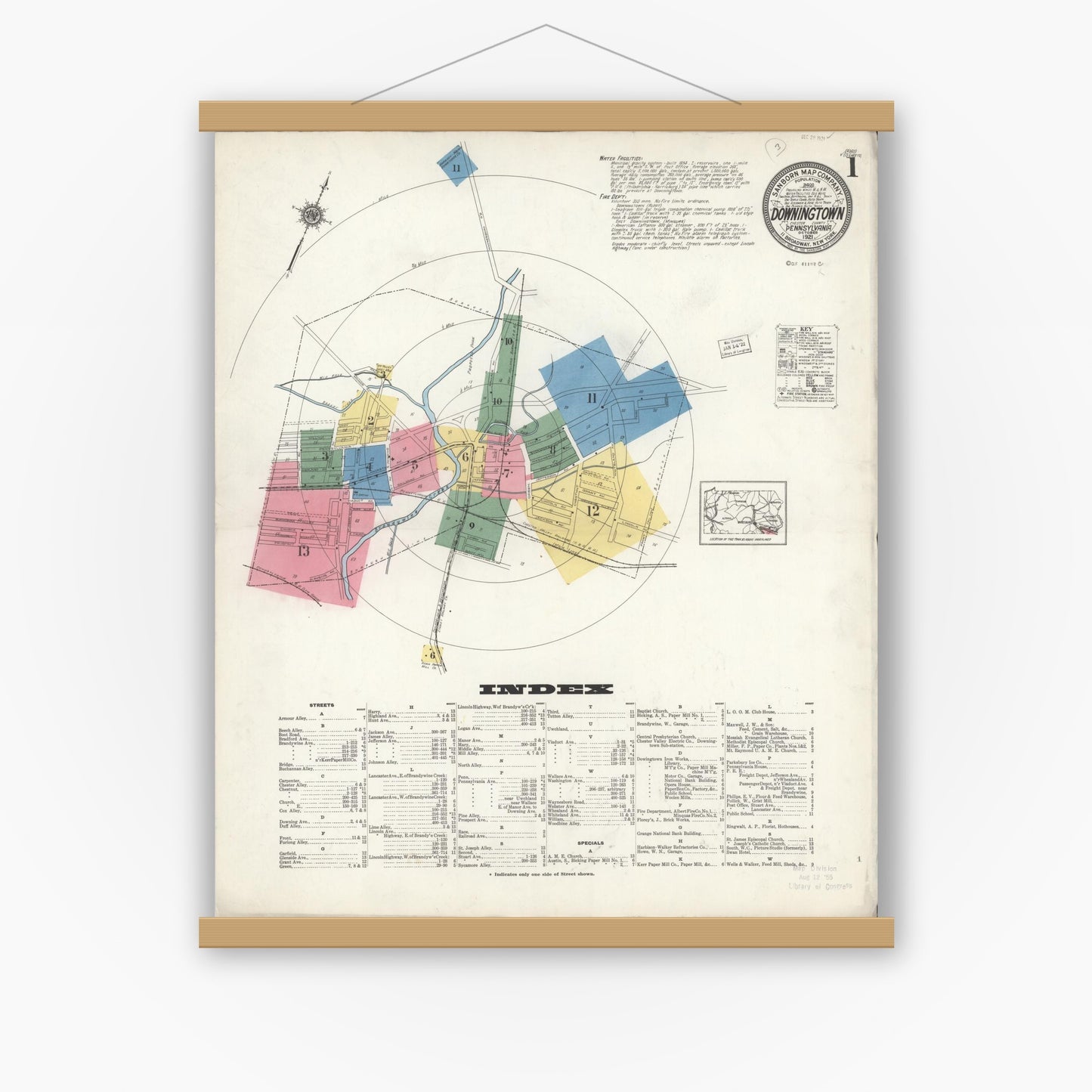 Old map wall art mockup — magnetic wood frame on white wall — Sanborn Fire Insurance Map from Downingtown, Chester County, Pennsylvania (1921), Sheet #0001