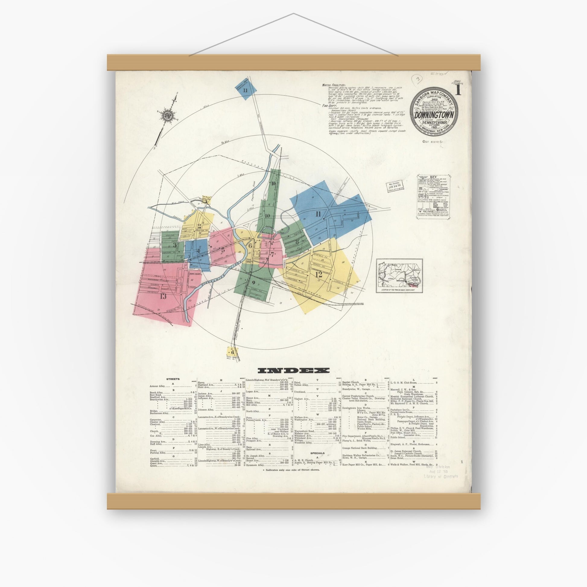 Old map wall art mockup — magnetic wood frame on white wall — Sanborn Fire Insurance Map from Downingtown, Chester County, Pennsylvania (1921), Sheet #0001