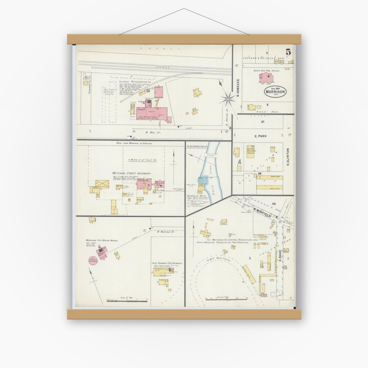 Old map wall art mockup — magnetic wood frame on white wall — Sanborn Fire Insurance Map from Morrison, Whiteside County, Illinois (1897), Sheet #0005