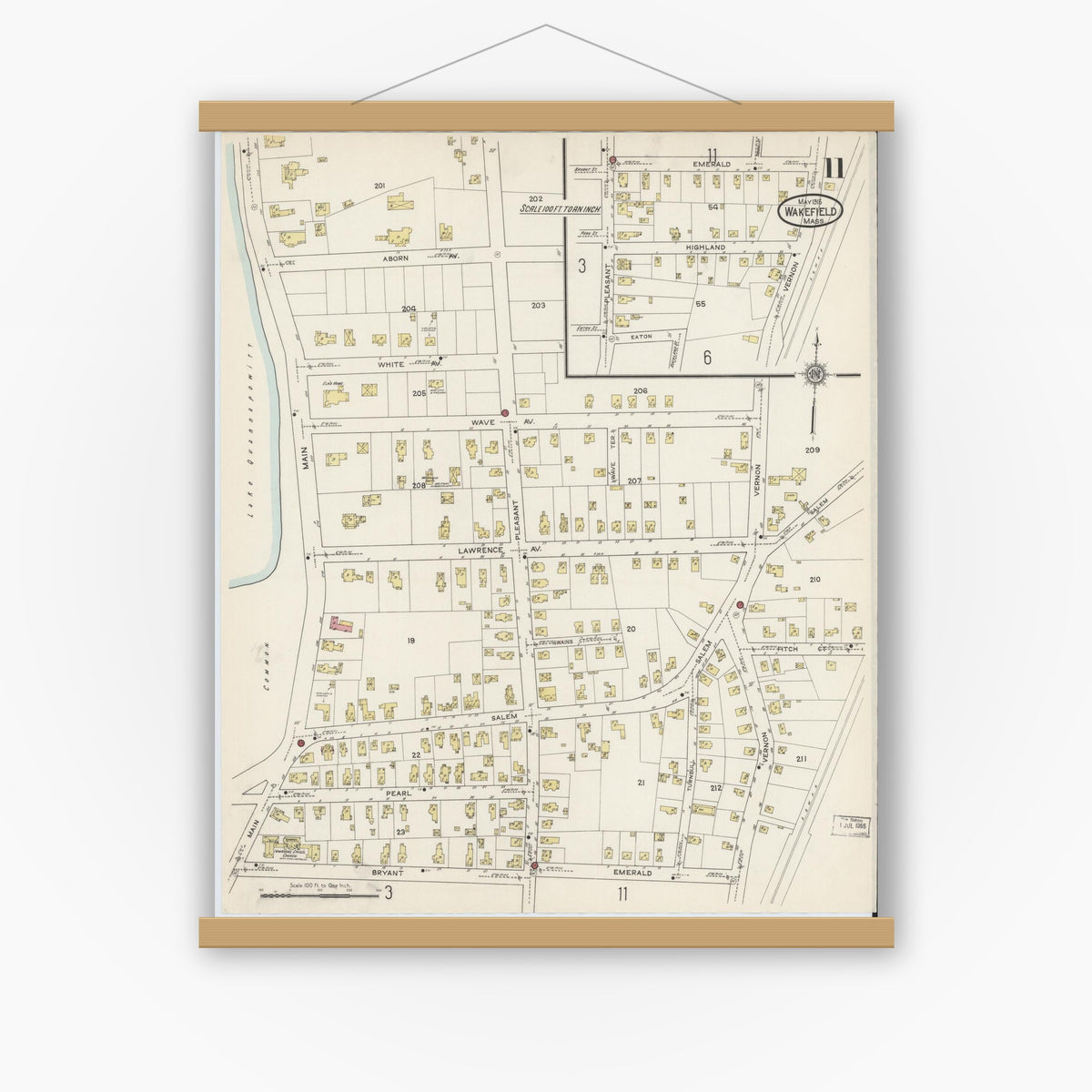 Old map wall art mockup — magnetic wood frame on white wall — Sanborn Fire Insurance Map from Wakefield, Middlesex County, Massachusetts (1915), Sheet #0011