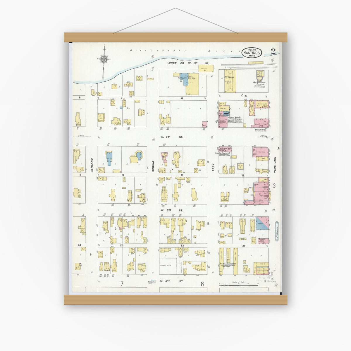 Old map wall art mockup — magnetic wood frame on white wall — Sanborn Fire Insurance Map from Hastings, Dakota County, Minnesota (1910), Sheet #0002
