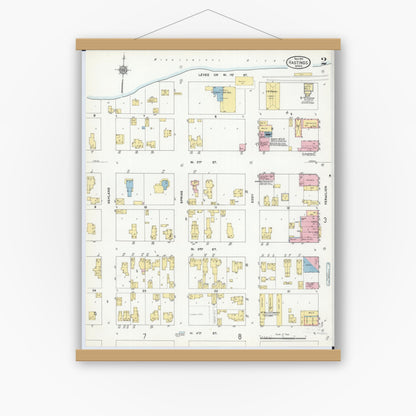 Old map wall art mockup — magnetic wood frame on white wall — Sanborn Fire Insurance Map from Hastings, Dakota County, Minnesota (1910), Sheet #0002