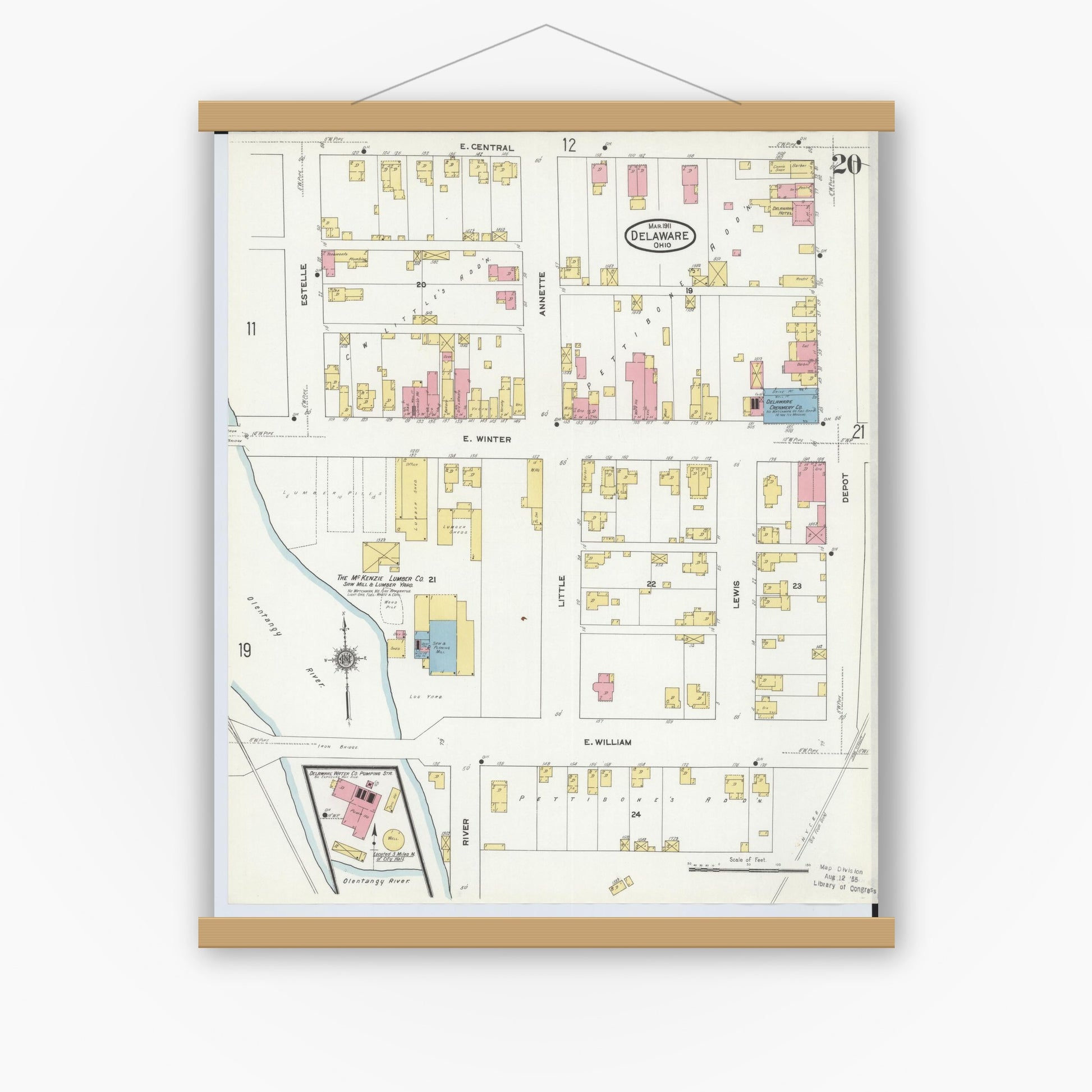 Old map wall art mockup — magnetic wood frame on white wall — Sanborn Fire Insurance Map from Delaware, Delaware County, Ohio (1911), Sheet #0020