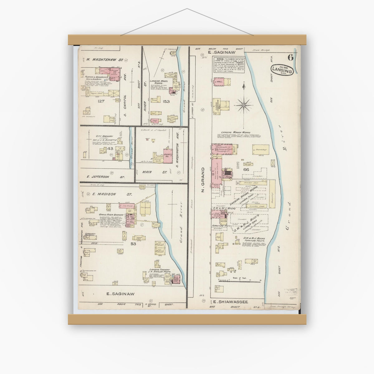 Old map wall art mockup — magnetic wood frame on white wall — Sanborn Fire Insurance Map from Lansing, Ingham County, Michigan (1885), Sheet #0006