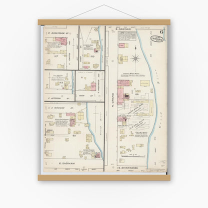Old map wall art mockup — magnetic wood frame on white wall — Sanborn Fire Insurance Map from Lansing, Ingham County, Michigan (1885), Sheet #0006